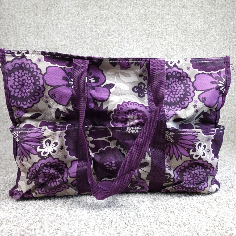 Thirty-One Zip-Top Utility Tote Purple Floral Multi-Pocket Storage Bag